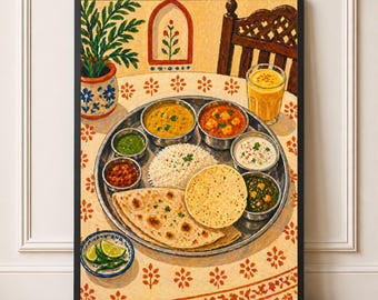 Indian Thali Print, Kitchen Wall Art, Curry Food Poster, A Table Somewhere Framed or Unframed