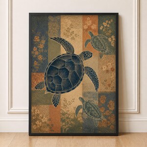 May include: A framed vertical wall art print featuring three sea turtles in dark blue, set against a background of vertical panels in shades of tan, blue, and brown. The panels are decorated with intricate floral patterns and wave motifs.