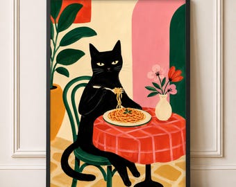 Black Cat Wall Art Print, Spaghetti Kitchen Poster