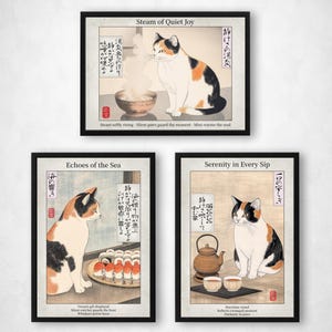 Japanse kattenkeuken muurkunst set van 3 | Set met schildpad en wit lapje | Op houtsneden geïnspireerd keukendrieluik | Kattendecoratie in ukiyo-e-stijl