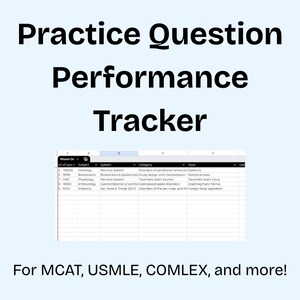 May include: A light blue graphic with the words "Practice Question Performance Tracker" in bold black font. Below is a spreadsheet with medical topics. The text "For MCAT, USMLE, COMLEX, and more!" is at the bottom.