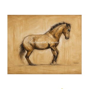 May include: A rectangular art print featuring a brown horse in profile against a tan background with vertical brushstroke textures. The text LetchworthCreations is centered over the horse, and a signature is visible in the bottom right corner.