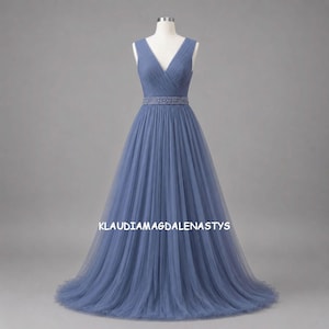 Blue v neck Floor-Length prom Dress,Fitted Bodice, Pleated Full ball gown