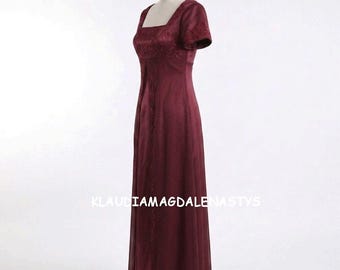 Burgundy Evening Dress - Short Sleeve, Beaded Bodice