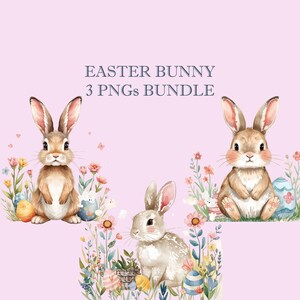 May include: A watercolour illustration featuring three Easter bunnies amidst flowers and decorated eggs. The image has a soft, pastel colour palette with the text "EASTER BUNNY 3 PNGs BUNDLE" at the top.