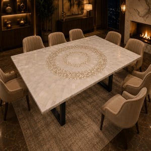 Handgemaakte eettafel van seleniet, luxe stenen eettafel, op maat gemaakte rechthoekige eettafel, modern designmeubel