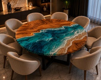 Mesa de comedor redonda de resina epoxi con diseño oceánico, hecha a mano en madera, estilo río. Mesa de comedor de lujo con diseño de olas de playa. Muebles personalizados.