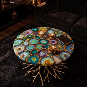 May include: A circular coffee table with a top made of colourful agate stones. The table has a gold-coloured, branch-like base. Two small cups of coffee and a notebook are on the table. The agate stones show shades of blue, green, purple, and gold.