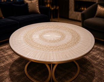 Luxury Round Selenite Coffee Table White Selenite Crystal Slab Inlay Center Table Handcrafted Healing Crystal Decor