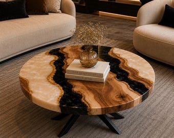 Luxury Epoxy Round Coffee Table with Natural Wood Handmade Modern Living Room Center Table
