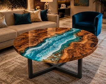 Round Epoxy River Coffee Table Live Edge Wood Coffee Table Handmade Resin Coffee Table Luxury Modern Center Table for Living Room