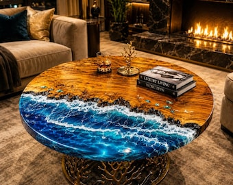 Mesa de centro redonda de resina epoxi de lujo con diseño de olas azules y mesa auxiliar de madera, muebles modernos hechos a mano para sala de estar.