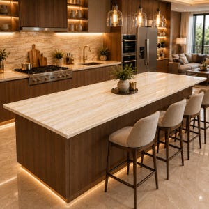 May include: A kitchen island with a light beige stone countertop and dark wood cabinetry, featuring three upholstered bar stools with dark wood legs. The island is illuminated by under-cabinet lighting and three glass pendant lights above.