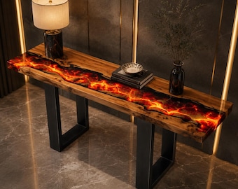 Handgefertigter Konsolentisch aus Lava-Epoxidharz, Eingangstisch aus Massivholz mit Baumkante, luxuriöser Flurtisch, Sofatisch, modernes Möbelstück aus Kunstharz