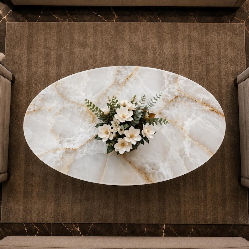Modern oval White Onyx cocktail table handmade
Elegant natural White Onyx coffee table decor
Luxury stone coffee table with White Onyx surface