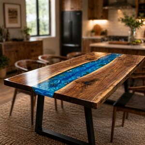 Ręcznie robiony stół jadalny z żywicy epoksydowej River, blat kuchenny z litego drewna, niebieski stół River z żywicy epoksydowej, nowoczesne rustykalne meble do jadalni