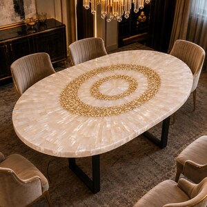Tavolo da pranzo ovale in selenite fatto a mano, tavolo da pranzo di lusso in pietra, tavolo in pietra preziosa personalizzato, mobili moderni per sala da pranzo.