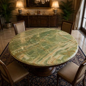 Op de afbeelding: Een ronde eettafel met een groen marmeren blad en een donkere houten voet. De tafel wordt omringd door vier stoelen met lichtbruine stoffen zittingen en houten frames. De tafel staat op een patroonkleed.