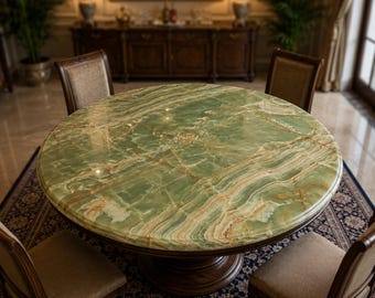 Green Onyx Round Dining Table Top | Luxury Marble Dining Room Decor