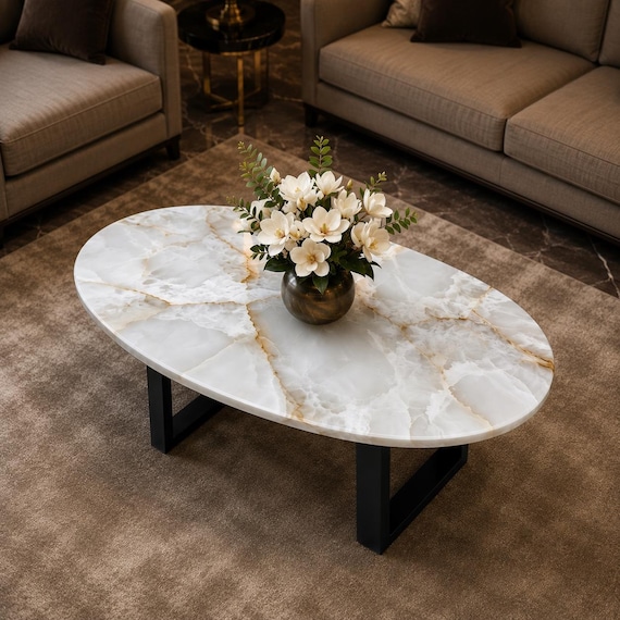 Luxury White Onyx Coffee Table Handmade Oval Stone Center Table Modern Living Room Cocktail Table Custom Marble Furniture