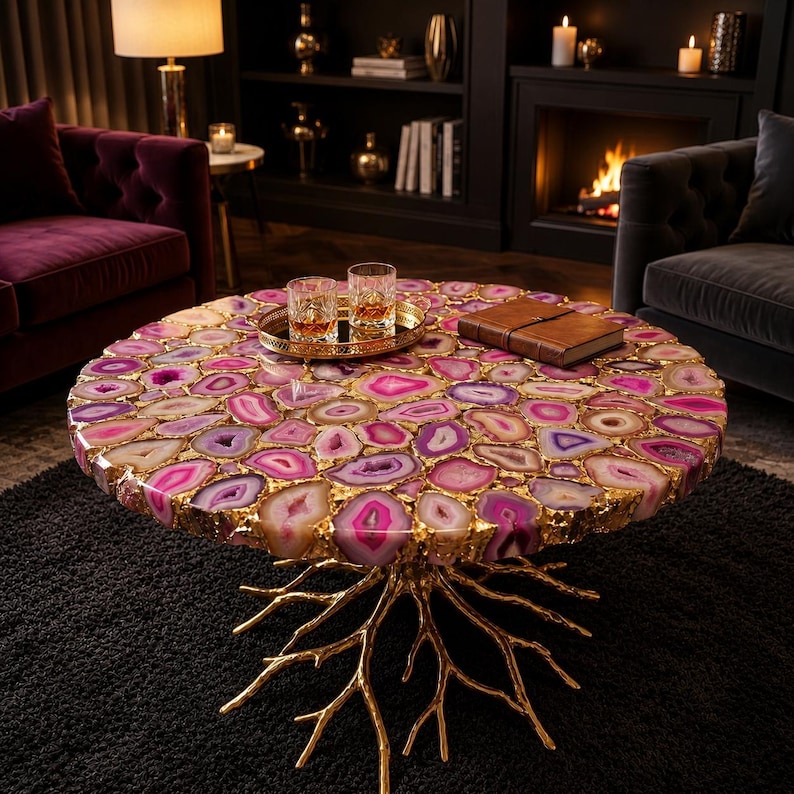 pink agate table, luxury coffee table, gemstone coffee table, round agate table, modern center table, resin agate table, luxury living decor, handmade agate top, designer coffee table, black metal table, statement furniture, luxury side table, contemporary table