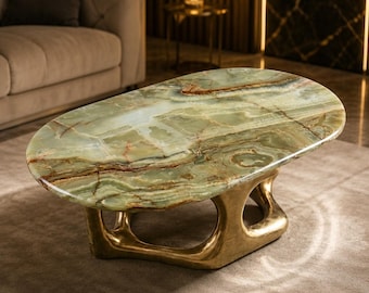 Luxury Green Onyx Coffee Table with Sculptural Brass Base, Handmade Modern Marble Center Table for Living Room