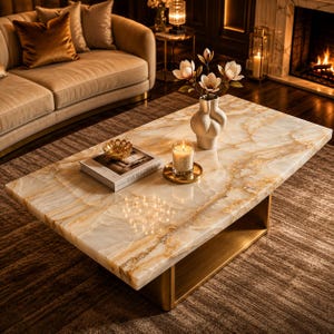 May include: A rectangular coffee table with a cream and gold marble top and a gold-coloured base. A vase with flowers, a candle, and a book are on the table. The table is in a living room setting.