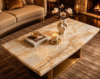 Luxury Marble Coffee Table with Gold Base Modern Center Table for Living Room Designer Onyx Coffee Table Deco Elegant Handmade Furniture