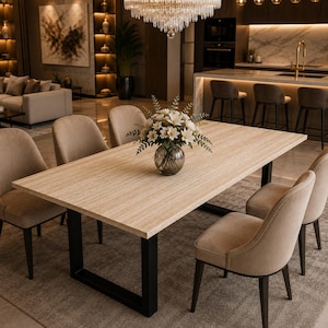 May include: A rectangular dining table with a light beige travertine stone top and black metal U-shaped legs. Six upholstered beige chairs with dark wood legs surround the table. A glass vase filled with white lilies sits in the center.