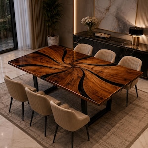 Pode incluir: Uma mesa de jantar retangular com uma superfície de madeira polida e uma incrustação de resina escura em forma de redemoinho que irradia do centro. A mesa é apoiada por pernas de metal preto e rodeada por seis cadeiras estofadas em bege.