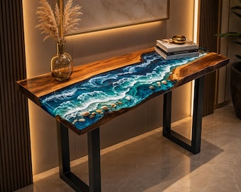 Handmade Ocean Epoxy Resin Console Table Live Edge Wood Entryway Table Luxury Hallway Sofa Table Modern River Console