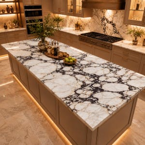 Puede incluir: Una gran isla de cocina con encimera de mármol blanco y negro con un patrón veteado prominente. Sobre la superficie hay una bandeja de madera con botellas de vidrio y un cuenco pequeño con varias manzanas verdes, junto a un jarrón con plantas.