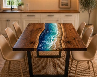 Mesa de comedor Ocean Epoxy River, mesa de madera con borde natural y diseño playero de resina, mesa de comedor moderna para cocina con base de metal.