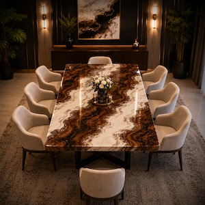 May include: A rectangular dining table with a polished brown and white marble top featuring wavy patterns, supported by a black base. Eight light beige upholstered armchairs with dark wooden legs are arranged around the table, which holds a floral centerpiece.