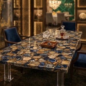 Luxury Blue Agate Dining Table Semi Precious Stone Table Modern Epoxy Resin Table Handmade Dining Furniture Luxury Home Decor