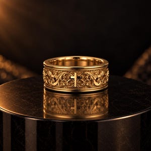 May include: A gold band ring featuring an intricate, raised scrollwork pattern that wraps around the entire exterior. A prominent, smooth-surfaced cross is centered within the detailed filigree design, creating a textured, metallic finish.