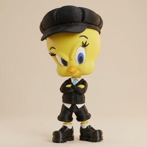 May include: A yellow Tweety Bird figurine wearing a black newsboy cap, a black cardigan over a white collared shirt with a light blue tie, black shorts, and black shoes. The character has large blue eyes, long eyelashes, and arms crossed.