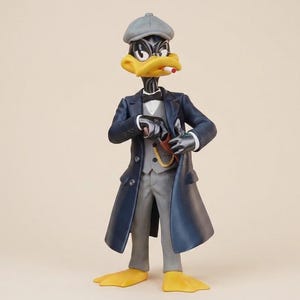 Könnte beinhalten: Eine Figur von Daffy Duck in einem marineblauen Mantel, einem grauen Anzug und einer grauen Schiebermütze. Die Ente hält eine Pfeife und hat eine brennende Zigarette im Schnabel. Die Figur hat gelbe Füße und einen schwarzen Kopf.