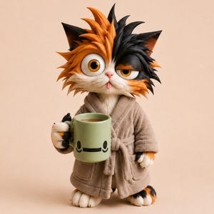 May include: A calico cat figurine with spiky orange and black fur, wearing a beige bathrobe and holding a light green mug with a simple black face graphic. The cat has large, wide eyes, a small tongue sticking out, and a sleepy expression.