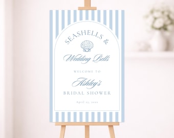Letrero de bienvenida para despedida de soltera con temática costera, letrero para despedida de soltera en la playa, temática de conchas marinas y campanas de boda, plantilla editable de Canva.