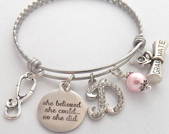 Personalized She Believed she could so she did Nurse Graduation Gift- Stethoscope Bangle Bracelet-Custom Nurse Jewelry Gifts Nurse Students