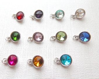 ADD a Birthstone CHARM, Round Crystal Birth month Charms, Garnet Amethyst Aquamarine Diamond Emerald Ruby Peridot Sapphire Rose Topaz