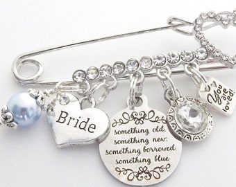 Bridal Pin-Something BLUE Something NEW Bridal Pin- Daughter Gift-Blue for bride-Wedding Traditions-Something Old Bouquet Charm-Six pence