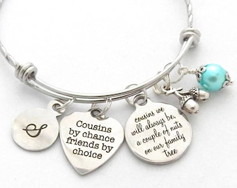 Cousin Expandable Bracelet - Stainless Steel Bangle With Family Tree Charm & Quote
