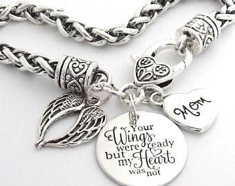 Memorial BRACELET, Sympathy Gift Mother, Loss of mom, Dad, Remembrance, In memory of, Your Wings were ready but my heart was not