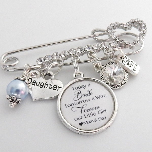 Engraved Bridal Pin  Bridal Bouquet Charm Blue Wedding Memorial Charm Bling Boutonniere Charm For Bride from Mom Six pence Photo Charm