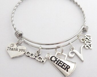 CHEER Bracelet, Cheer Coach Gift, Coach Jewelry, Gift from Cheerleading Team, Sports Thank you gift, Sports Jewelry, Cheer Horn Charm