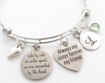SISTER  Gift-Sister BRACELET-Gifts for sisters-Side by side or miles apart we are connected by the heart-Charm Bracelet-Travel Gift-Family