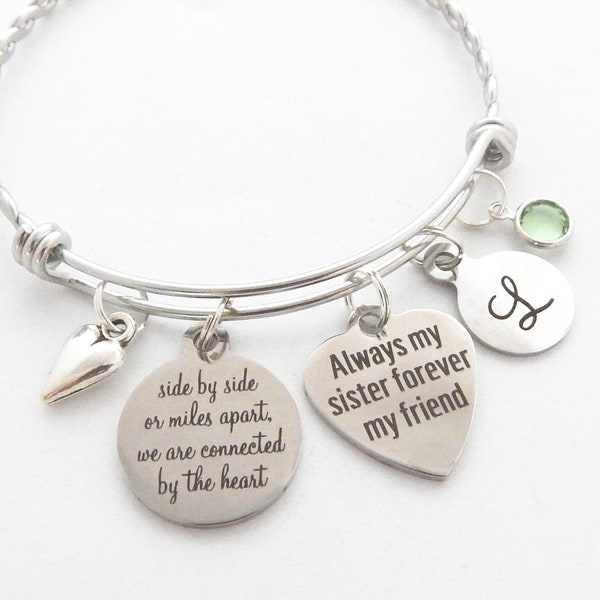 SISTER  Gift-Sister BRACELET-Gifts for sisters-Side by side or miles apart we are connected by the heart-Charm Bracelet-Travel Gift-Family