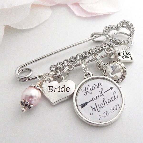 Personalized Bridal bouquet Charm Pin Bridal Dress Charm Garter Charms Bride and Grooms Name Charm For Bride Daughter in Law Gift